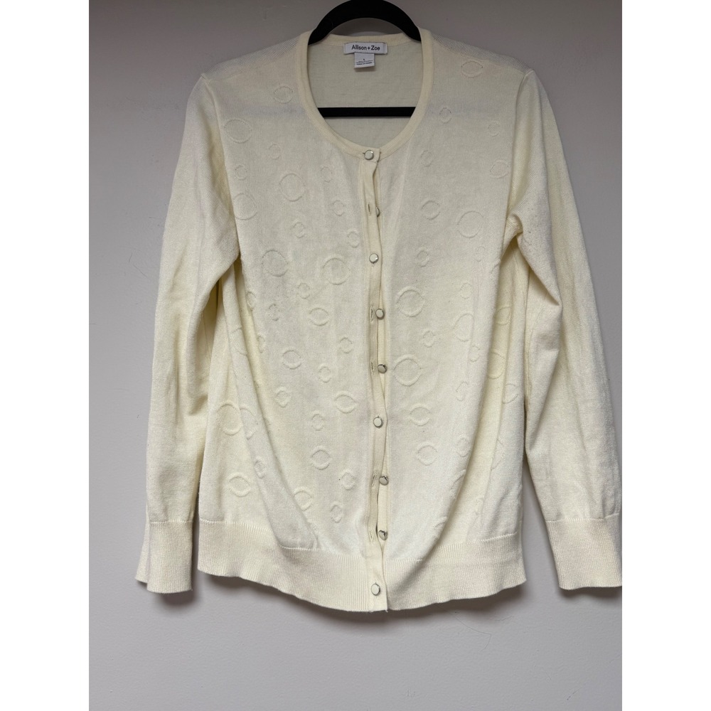 Allison Zoe Womens Cardigan Sweater Large L Ivory Embellished‎ Button Down Knit